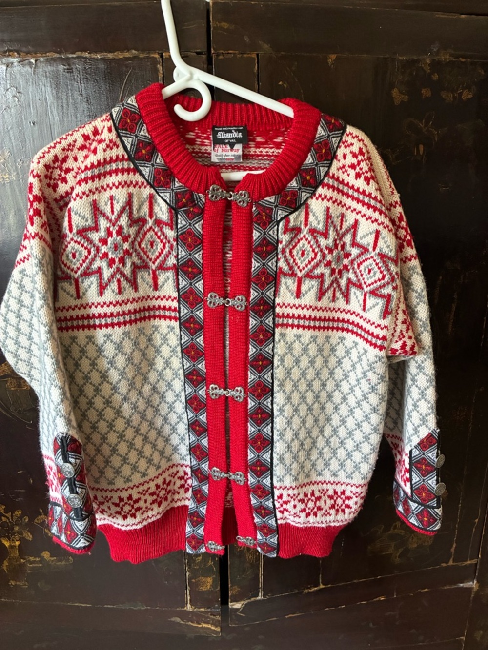 Alpaca Wool Nordic Cardigan Sweater with Red Trim